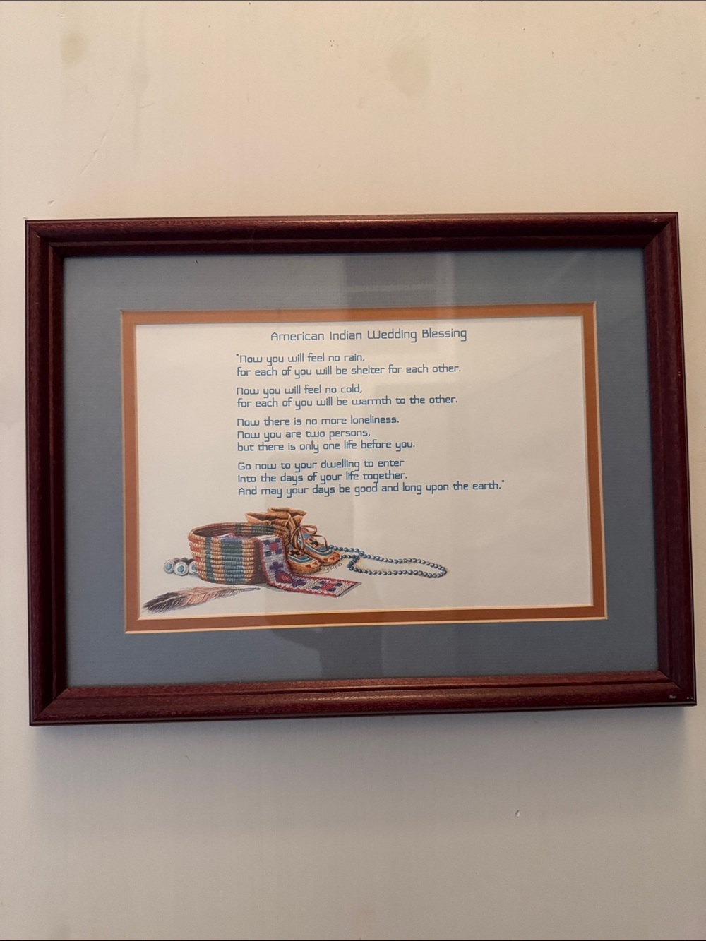 Framed American Indian Wedding Blessing Wall Art - Blue Mat, Brown Frame